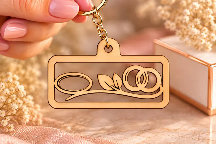 Rectangle Floral Rings Wedding Keychain Laser Cut SVG, Botan