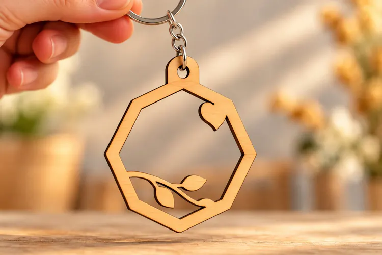 Hexagon Floral Branch Nature Keychain Laser Cut SVG, Geometr