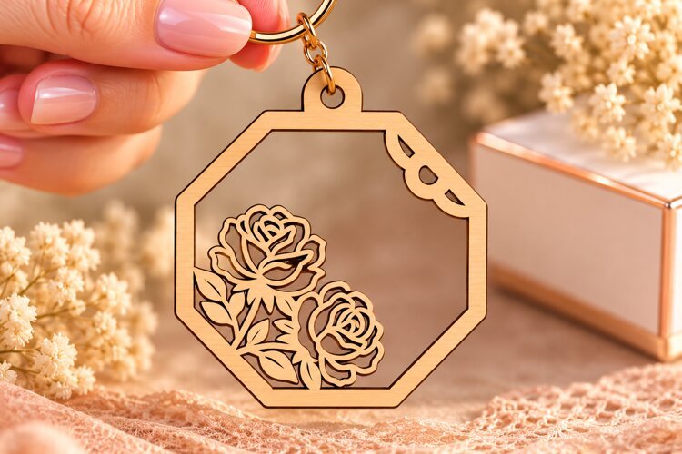 Hexagon Floral Rose Geometric Keychain Laser Cut SVG example image 1