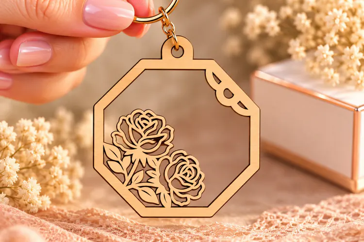 Hexagon Floral Rose Geometric Keychain Laser Cut SVG