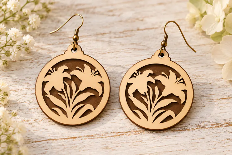 Round Lily Floral Wooden Earrings Laser Cut SVG, Circular