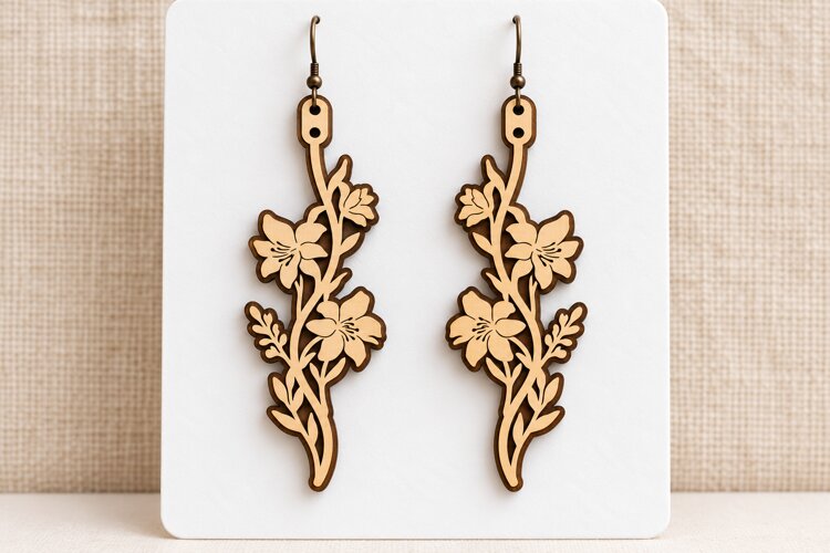 Long Drop Floral Branch Wooden Earrings Laser Cut SVG example image 1