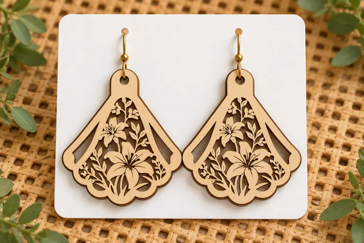 Fan Shape Floral Lily Wooden Earrings Laser Cut SVG