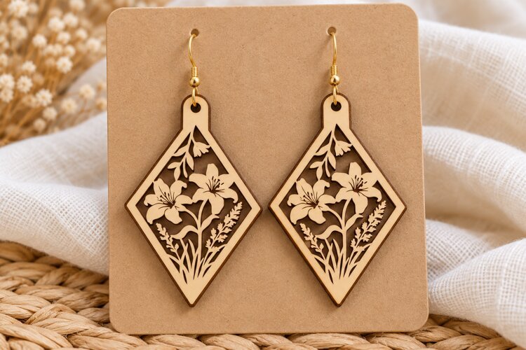 Diamond Floral Lily Wooden Earrings Laser Cut SVG, Geometric example image 1