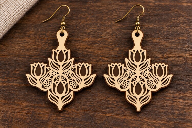 Elaborate Floral Flourish Wooden Earrings Laser Cut SVG, Bot example image 1