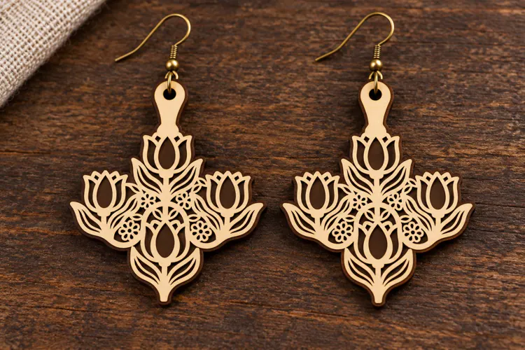 Elaborate Floral Flourish Wooden Earrings Laser Cut SVG, Bot