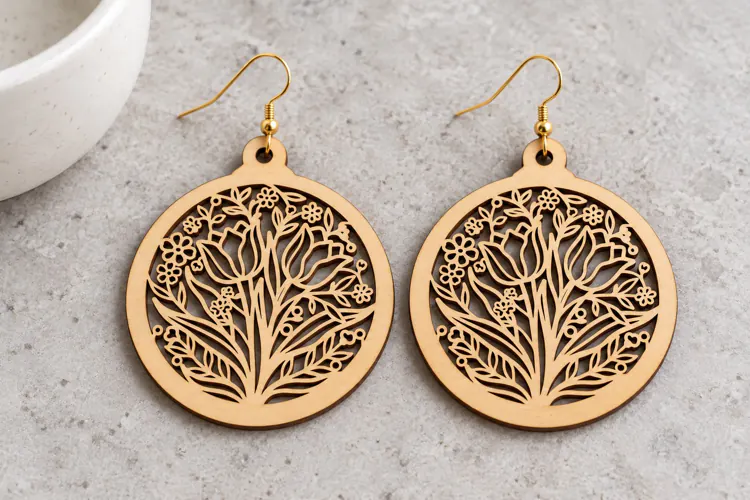 Round Floral Garden Wooden Earrings Laser Cut SVG, Circular