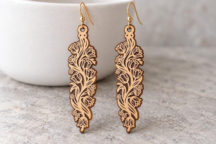Long Drop Floral Vine Wooden Earrings Laser Cut SVG, Botanic example image 1