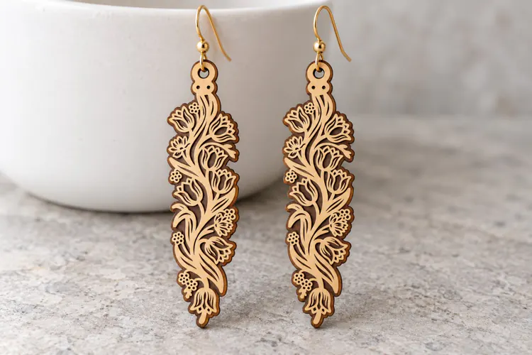 Long Drop Floral Vine Wooden Earrings Laser Cut SVG, Botanic