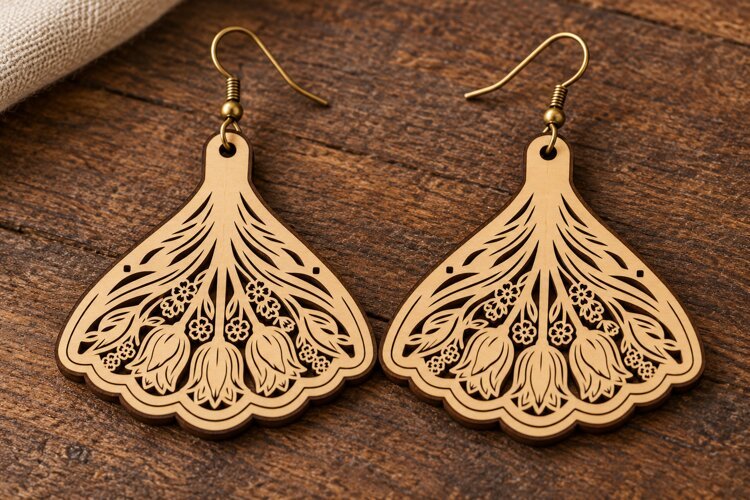 Fan Shape Floral Tulip Wooden Earrings Laser Cut SVG, Art example image 1