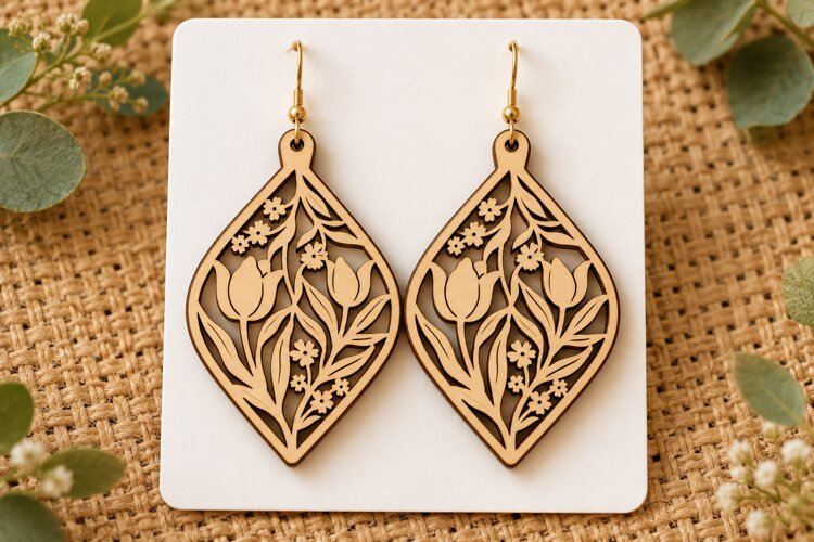 Diamond Floral Tulip Wooden Earrings Laser Cut SVG, Geometri example image 1