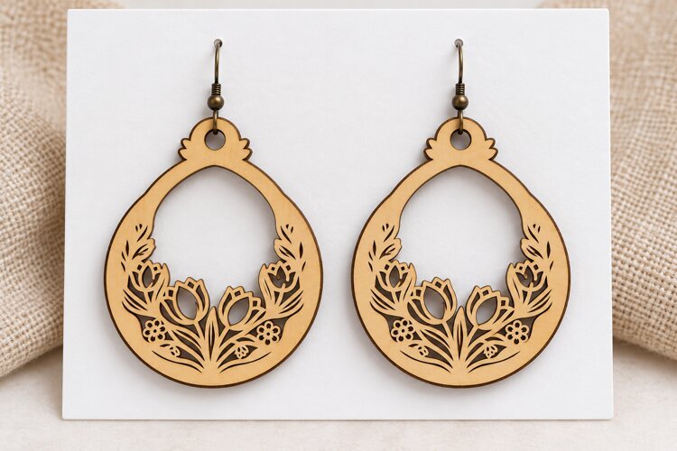 Round Open Floral Meadow Wooden Earrings Laser Cut SVG, Circ example image 1