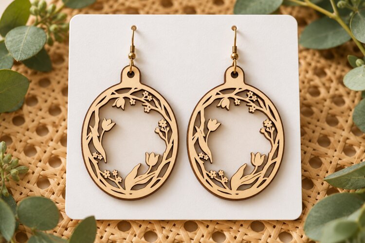 Oval Floral Wreath Wooden Earrings Laser Cut SVG, Botanical example image 1