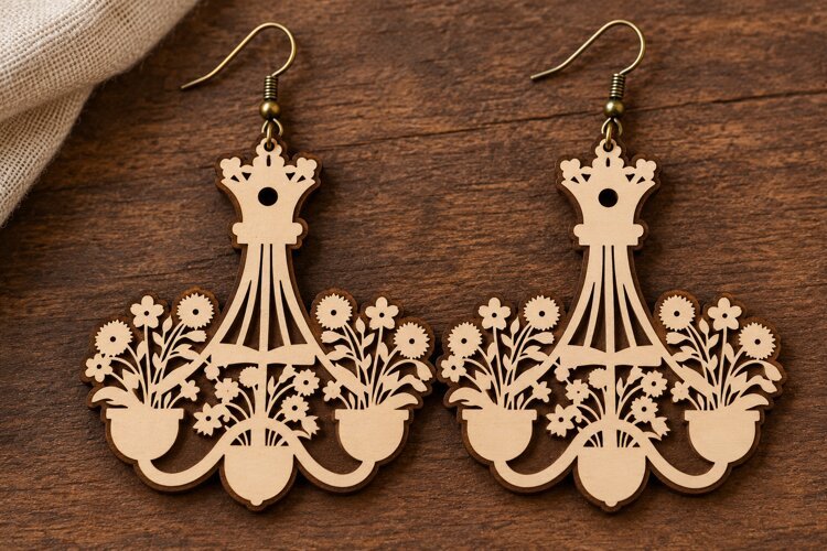 Elaborate Floral Flourish Wooden Earrings Laser Cut SVG, Bot example image 1