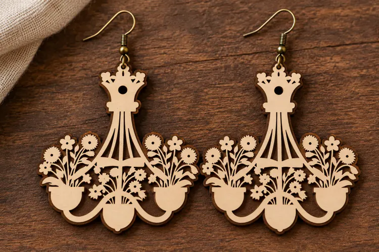 Elaborate Floral Flourish Wooden Earrings Laser Cut SVG, Bot