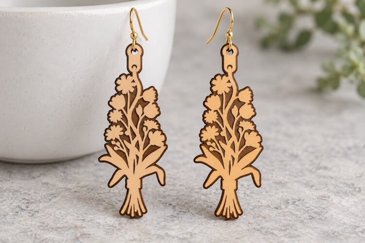 Fan Shape Floral Botanical Wooden Earrings Laser Cut SVG, Ar example image 1