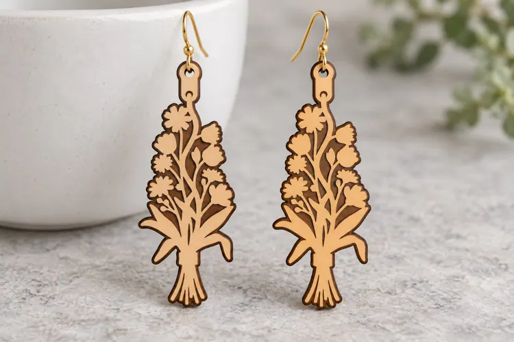 Fan Shape Floral Botanical Wooden Earrings Laser Cut SVG, Ar