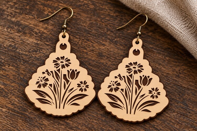 Diamond Floral Meadow Wooden Earrings Laser Cut SVG, Geometr example image 1