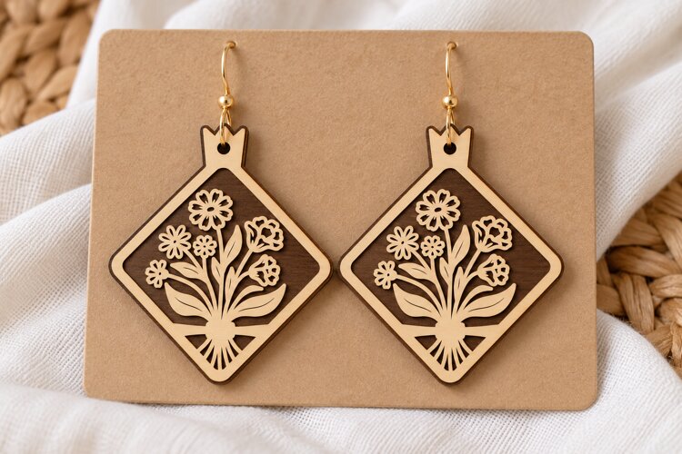 Oval Floral Wreath Wooden Earrings Laser Cut SVG, Botanical example image 1