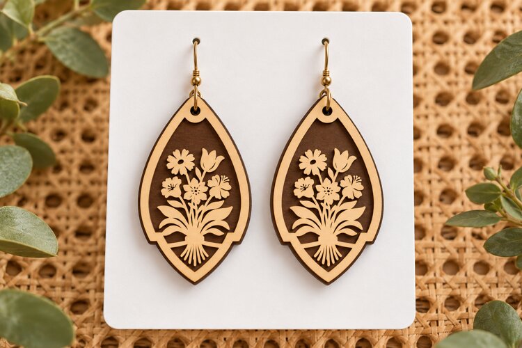 Teardrop Floral Garden Wooden Earrings Laser Cut SVG, Botani example image 1