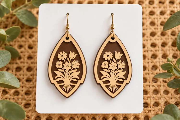 Teardrop Floral Garden Wooden Earrings Laser Cut SVG, Botani