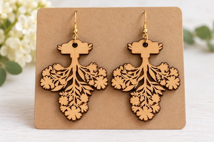 Elaborate Floral Tree Wooden Earrings Laser Cut SVG, Botanic example image 1