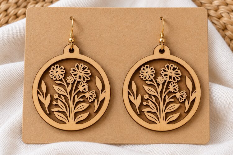 Round Floral Meadow Wooden Earrings Laser Cut SVG, Circular example image 1