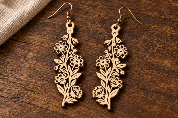 Long Drop Floral Vine Wooden Earrings Laser Cut SVG, Botanic