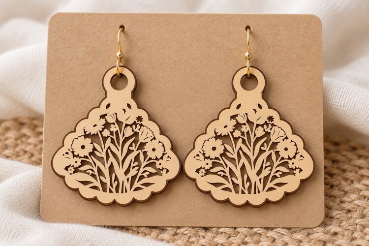 Fan Shape Floral Botanical Wooden Earrings Laser Cut SVG, Ar example image 1