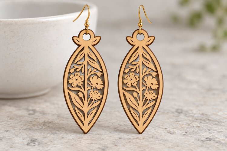 Long Leaf Floral Botanical Wooden Earrings Laser Cut SVG, example image 1