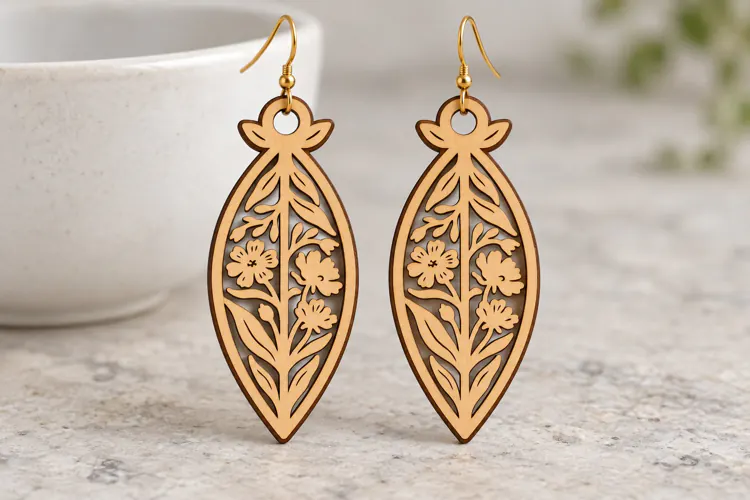 Long Leaf Floral Botanical Wooden Earrings Laser Cut SVG,
