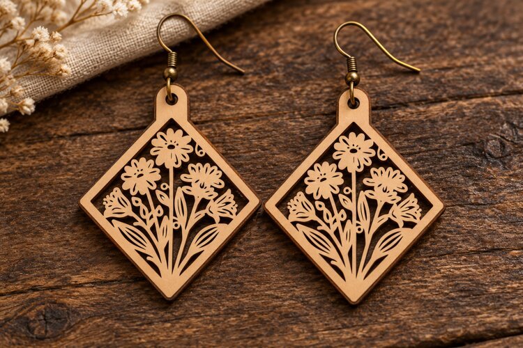 Diamond Floral Meadow Wooden Earrings Laser Cut SVG, Geometr example image 1