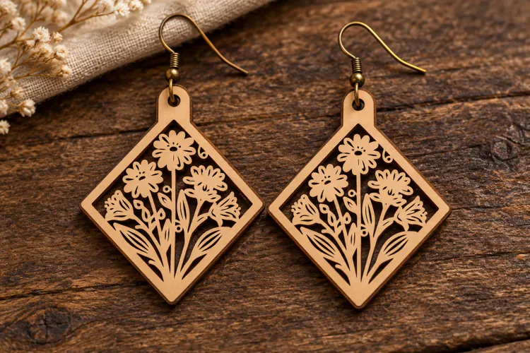 Diamond Floral Meadow Wooden Earrings Laser Cut SVG, Geometr