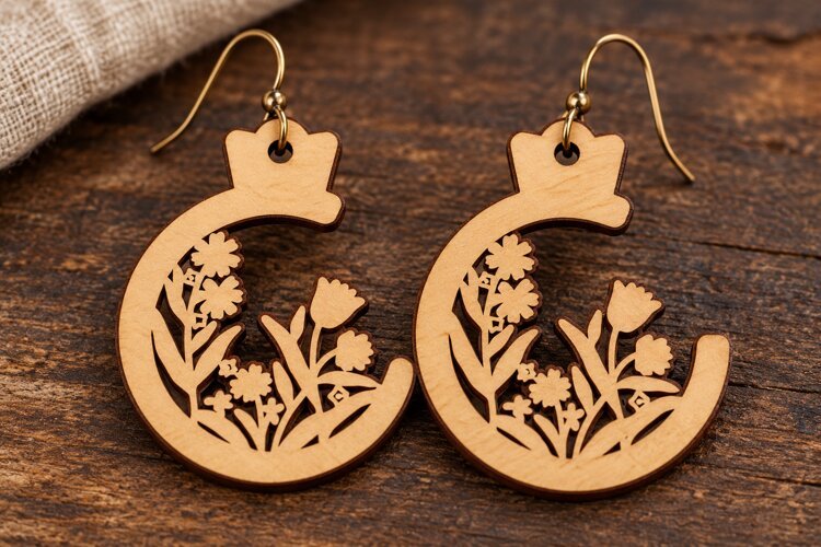 Crescent Moon Floral Garden Wooden Earrings Laser Cut SVG example image 1