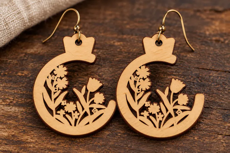Crescent Moon Floral Garden Wooden Earrings Laser Cut SVG