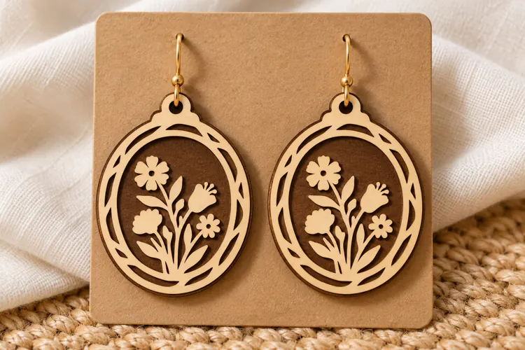Oval Floral Wreath Botanical Wooden Earrings Laser Cut SVG,