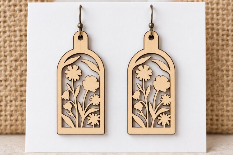 Arch Floral Window Pane Wooden Earrings Laser Cut SVG, Botan example image 1