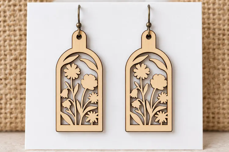 Arch Floral Window Pane Wooden Earrings Laser Cut SVG, Botan