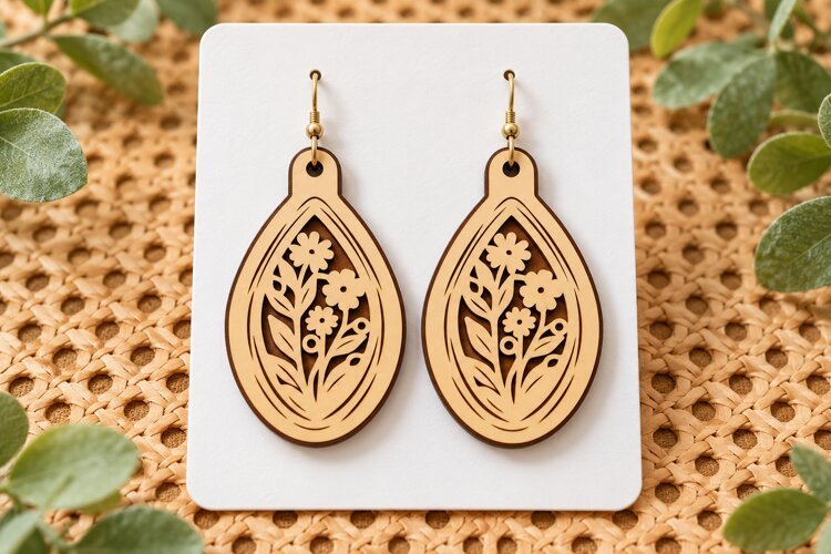 Teardrop Floral Garden Wooden Earrings Laser Cut SVG, Botani example image 1