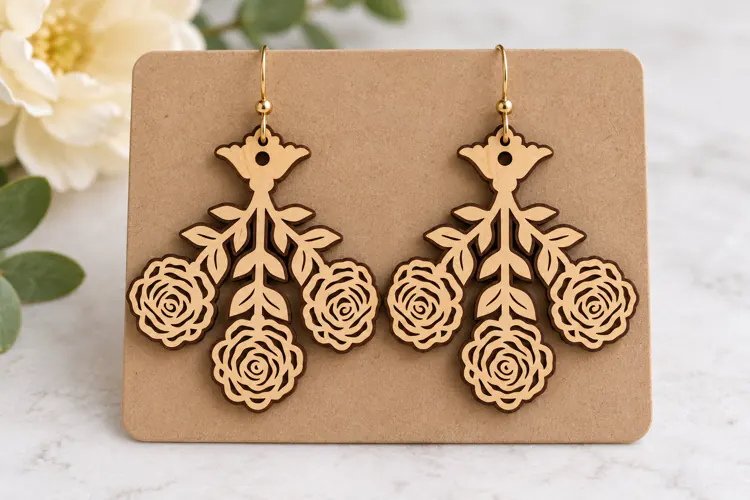 Elaborate Floral Flourish Wooden Earrings Laser Cut SVG, Bot