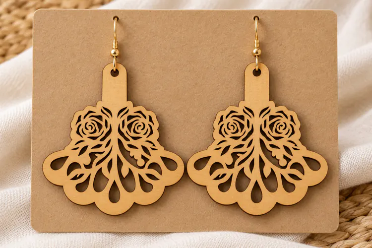 Elaborate Floral Lace Wooden Earrings Laser Cut SVG, Botanic