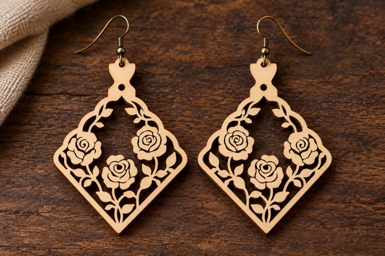 Diamond Floral Lace Wooden Earrings Laser Cut SVG, Geometric example image 1