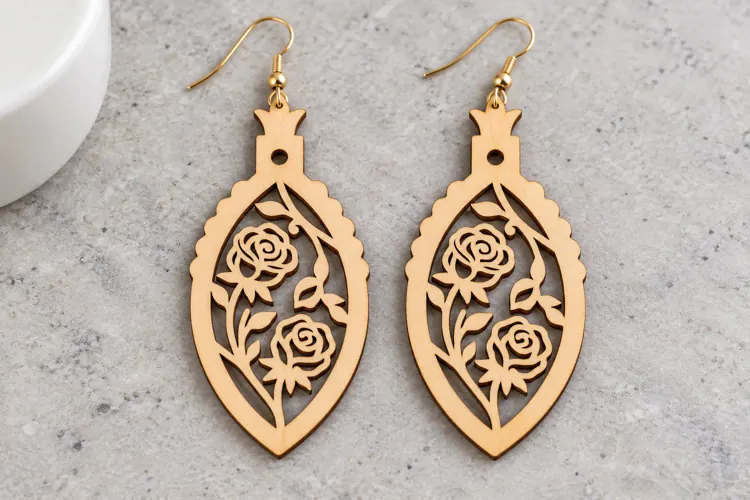 Oval Floral Rose Wooden Earrings Laser Cut SVG, Botanical Da