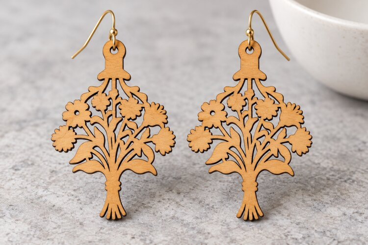 Elaborate Floral Tree Wooden Earrings Laser Cut SVG, Botanic example image 1