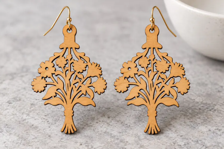 Elaborate Floral Tree Wooden Earrings Laser Cut SVG, Botanic
