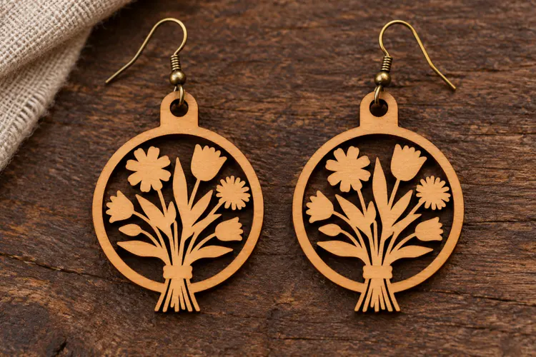 Round Floral Garden Wooden Earrings Laser Cut SVG, Circular