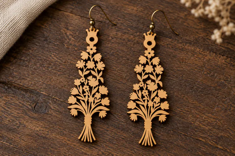 Long Drop Floral Tree Wooden Earrings Laser Cut SVG, Botanic