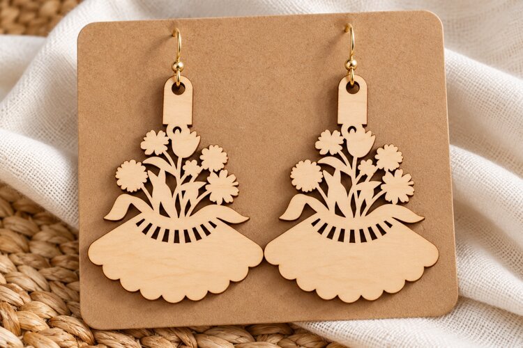 Fan Shape Floral Bouquet Wooden Earrings Laser Cut SVG, Art example image 1