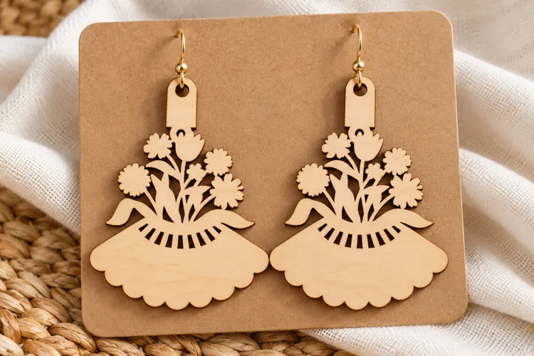 Fan Shape Floral Bouquet Wooden Earrings Laser Cut SVG, Art