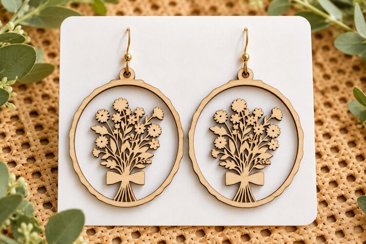 Round Floral Ribbon Bouquet Wooden Earrings Laser Cut SVG, example image 1